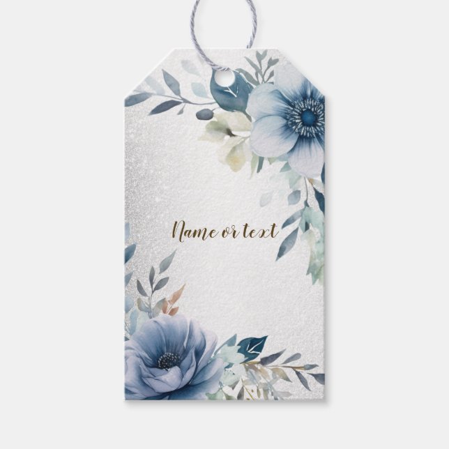 Étiquettes-cadeau Fleurs d'Aquarelle bleu Dusty Silver Elégant (Devant)