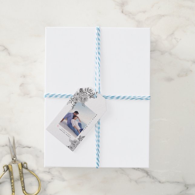 Étiquettes-cadeau Fleurs d'aquarelle grise et photo (Avec de laficelle)