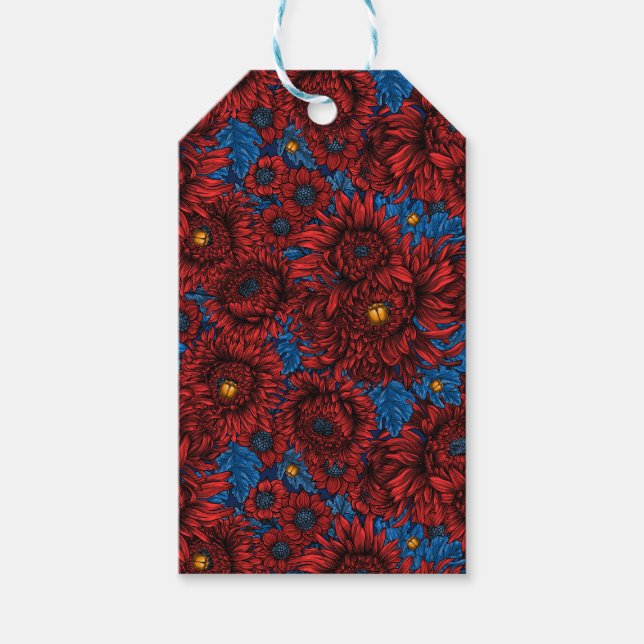 Étiquettes-cadeau Fleurs de chrysanthème rouge et coléoptères orange (Devant)