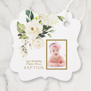 Étiquettes Cadeau Fleurs de crème blanche délicates Fille Photo Bapt