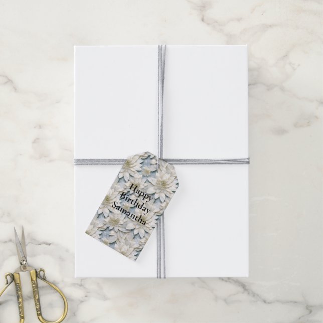 Étiquettes-cadeau Fleurs de Lotus Bleues Blances (Avec de la ficelle)