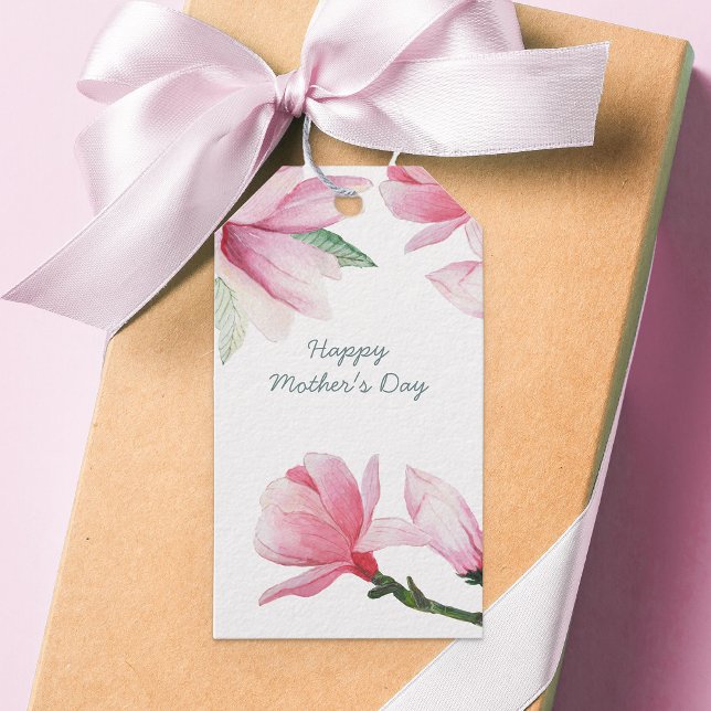 Étiquettes-cadeau Fleurs de Magnolia rose Occasion modifiable (Mother's Day Gift Tags with Pink Magnolias - custom message on the back)