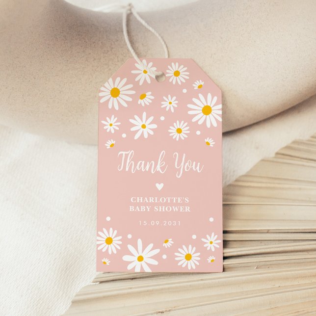 Étiquettes-cadeau Fleurs de marguerite rétro Baby shower rose pâle (Créateur téléchargé)