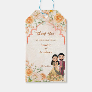 Étiquettes-cadeau Fleurs de pêche mignonne couple de mariée indienne