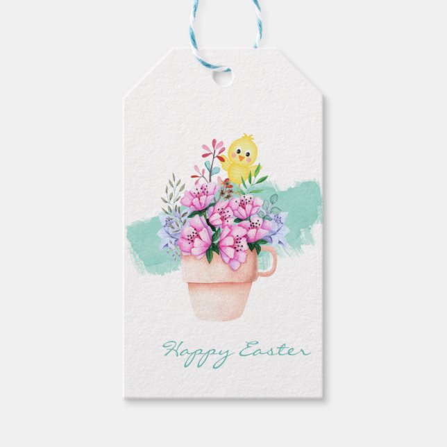 Étiquettes-cadeau Fleurs de printemps avec poussins de Pâques (Devant)