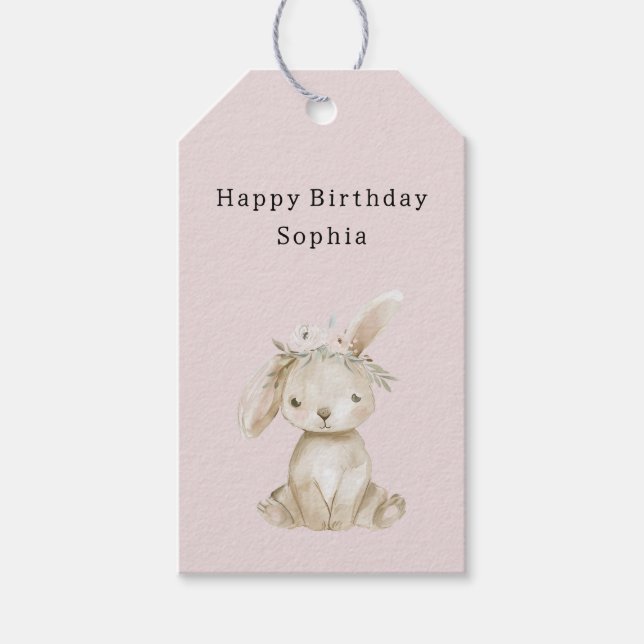 Étiquettes-cadeau Fleurs de rose pâle Lapin Anniversaire (Devant)