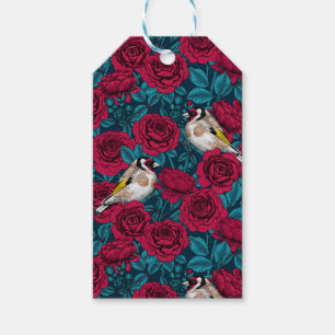 Étiquettes-cadeau Fleurs de roses rouges et oiseaux d'or