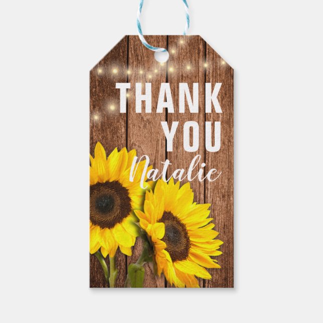 Étiquettes-cadeau Fleurs de soleil en bois foncé rustique Merci (Devant)