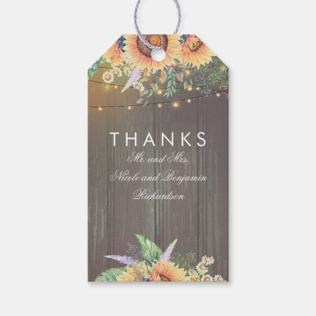 Étiquettes-cadeau Fleurs de soleil rustiques de pays Lumières à cord (Devant)