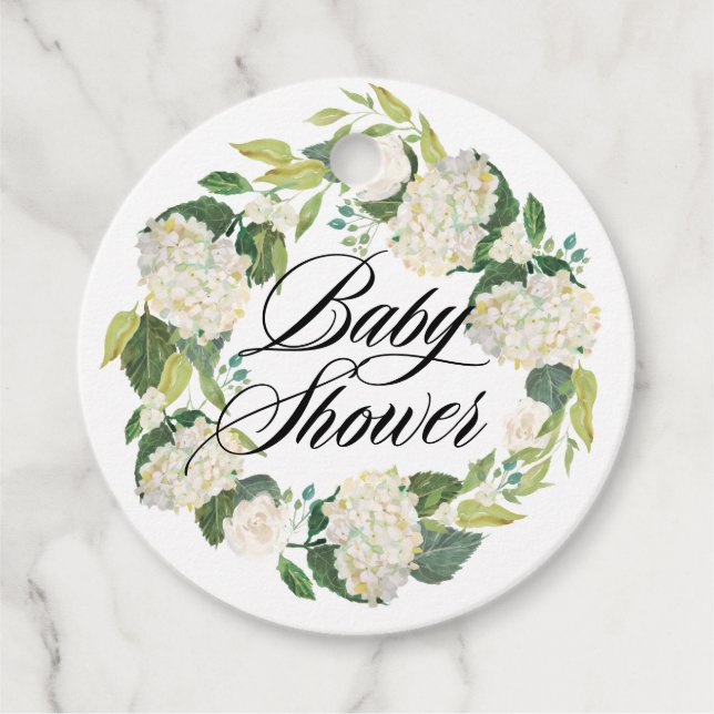 Étiquettes Cadeau Fleurs d'Hydrangée Blanche Baby shower de couronne (Devant)