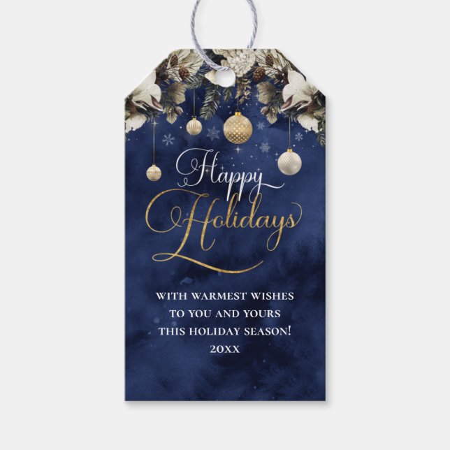 Étiquettes-cadeau Fleurs d'or bleu marine Joyeuses fêtes (Devant)
