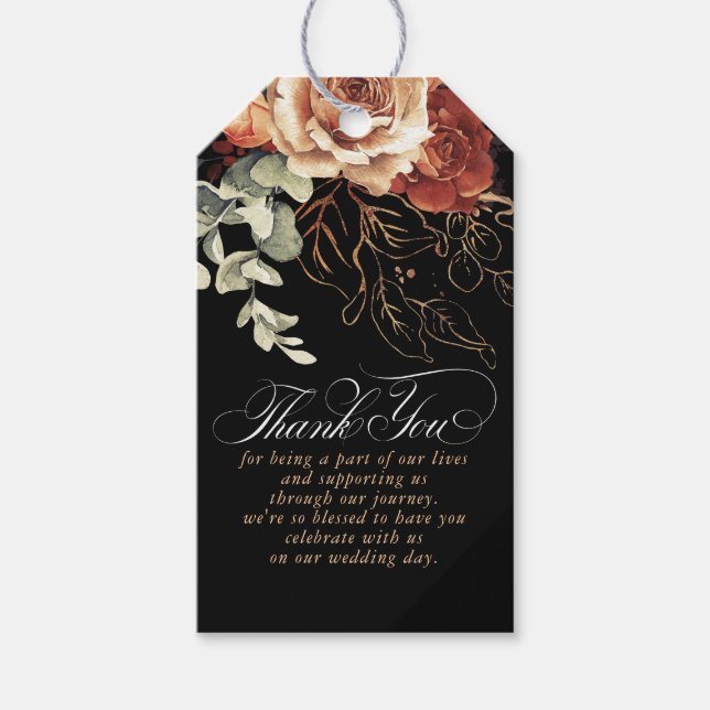 Étiquettes-cadeau Fleurs en terre cuite Boho Merci noir (Devant)