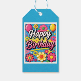 Étiquettes-cadeau Fleurs et ballons bleus de joyeux anniversaire lum