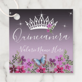 Étiquettes Cadeau Fleurs et papillon Quinceanera violet
