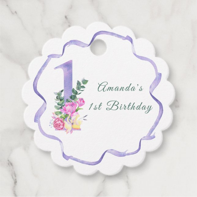 Étiquettes Cadeau Fleurs et ruban Fête du premier anniversaire (Devant)