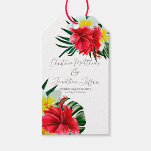 Étiquettes-cadeau Fleurs hawaïennes tropicales sur blanc élégant