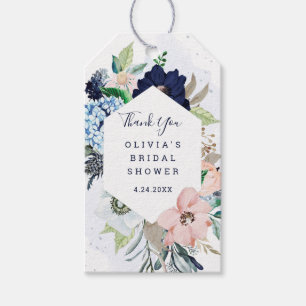 Étiquettes-cadeau Fleurs nautiques bleu marine et blush Merci