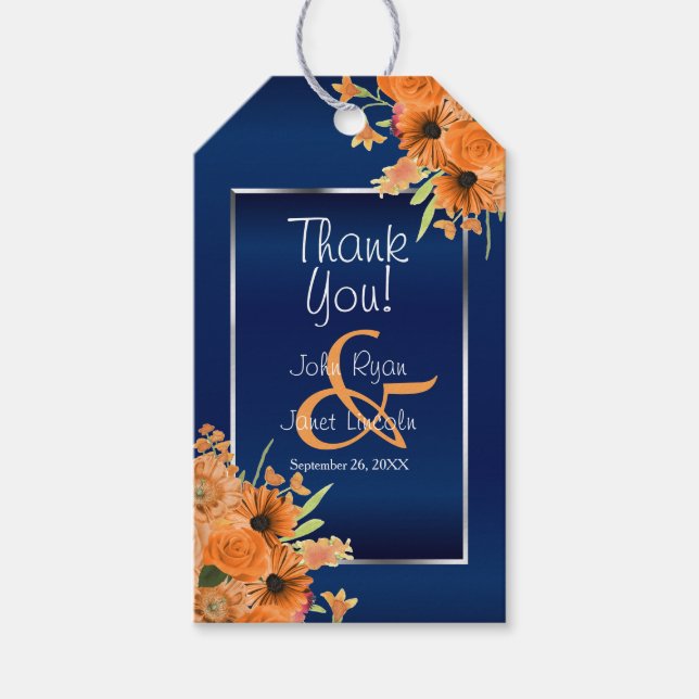 Étiquettes-cadeau Fleurs orange sur bleu marine (Devant)