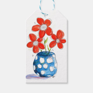 Étiquettes-cadeau Fleurs orangées Whimsical dans Vase Bleu