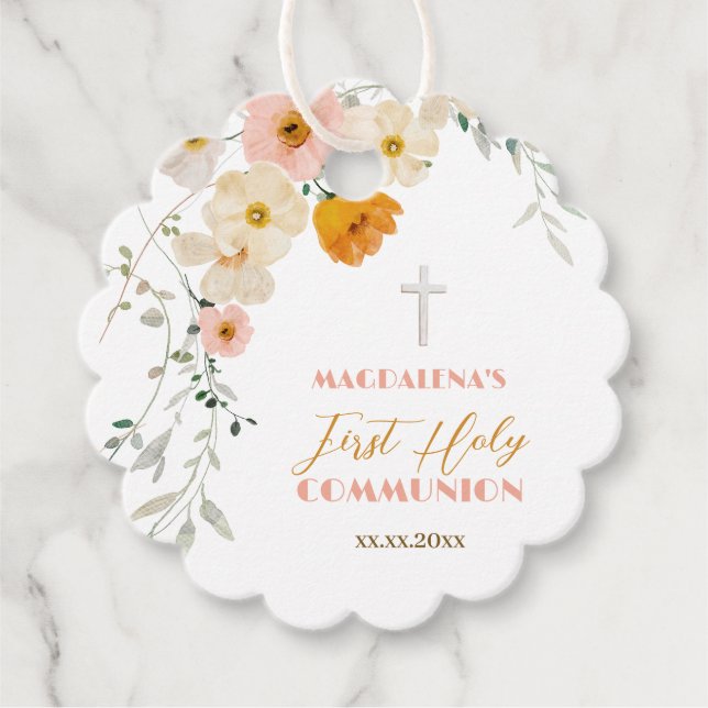 Étiquettes Cadeau Fleurs pastel et verdure Première communion sainte (Devant)