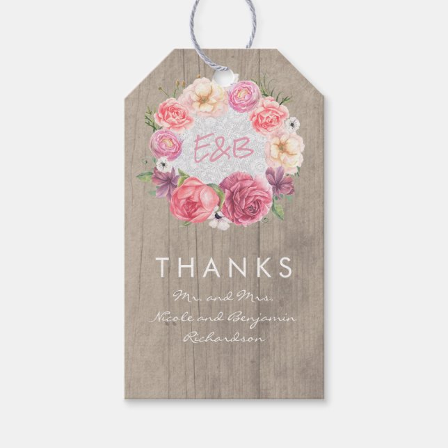 Étiquettes-cadeau Fleurs roses Elégantes aquarelles Wreath (Devant)
