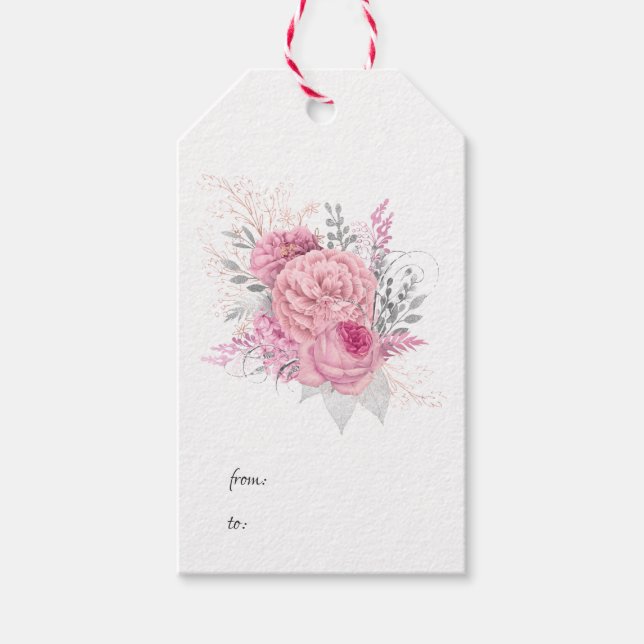 Étiquettes-cadeau Fleurs roses et argentées (Devant)