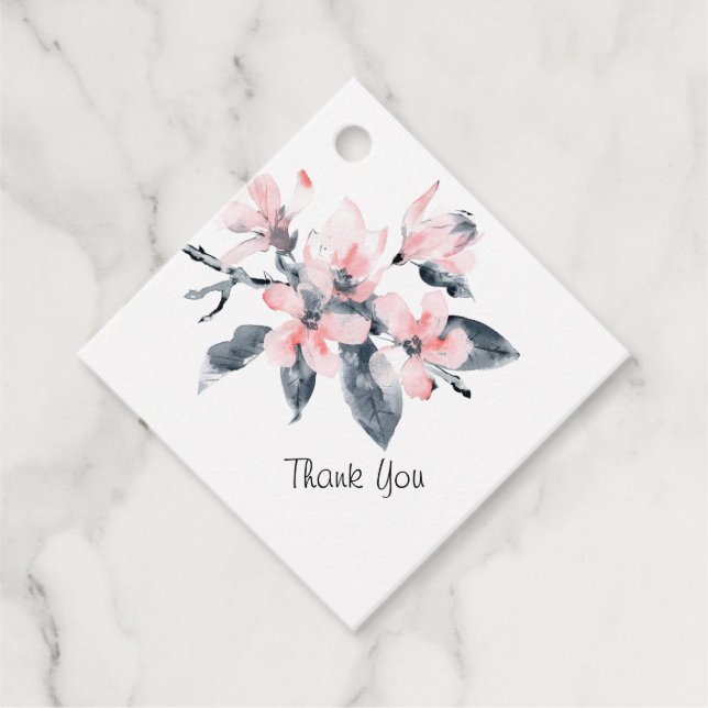 Étiquettes Cadeau Fleurs roses et gris Merci d'aquarelle classique (Devant)