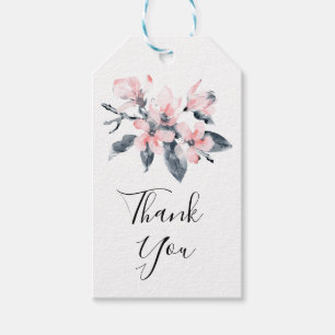 Étiquettes-cadeau Fleurs roses et gris Merci d'aquarelle classique