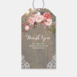 Étiquettes-cadeau Fleurs roses et Mariage de bois rustique