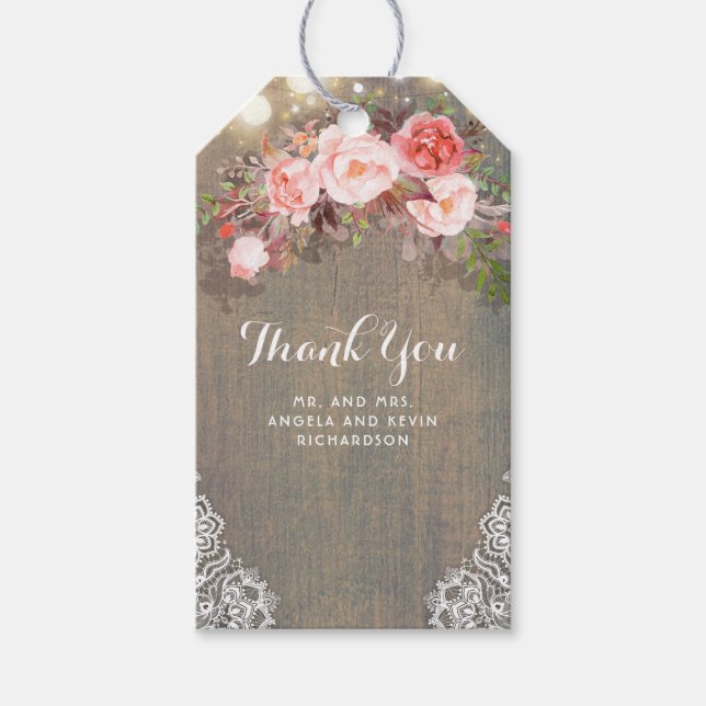 Étiquettes-cadeau Fleurs roses et Mariage de bois rustique (Devant)