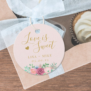 Étiquettes Cadeau Fleurs roses et or Amour est doux Mariage