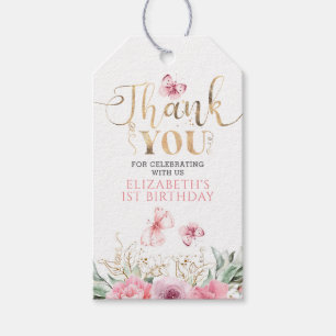 Étiquettes-cadeau Fleurs roses et papillons Anniversaire Merci
