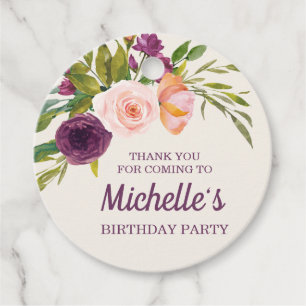 Étiquettes Cadeau Fleurs roses et violettes pâles Crème Anniversaire