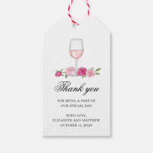 Étiquettes-cadeau Fleurs roses merci. Verre à vin. Roses mariage