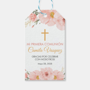 Étiquettes-cadeau Fleurs roses mignonnes et première communion crois