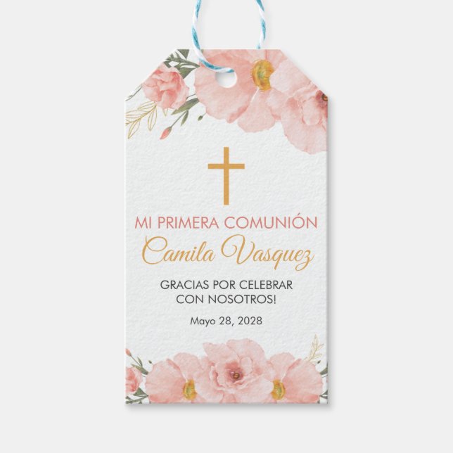 Étiquettes-cadeau Fleurs roses mignonnes et première communion crois (Devant)