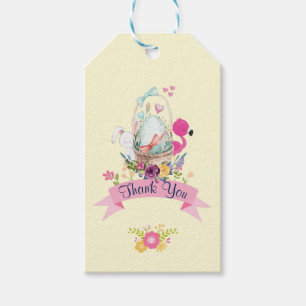 Étiquettes-cadeau Fleurs roses, Oeuf, Flamant rose et Merci lapin