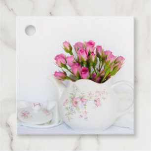 Étiquettes Cadeau Fleurs roses roses en Mariage de théière
