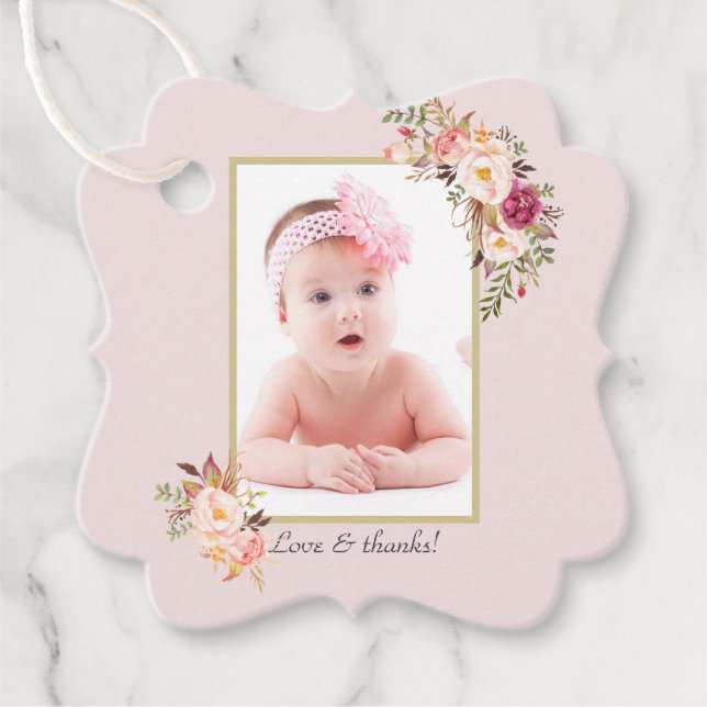 Étiquettes Cadeau Fleurs Roses Rouges Gold Girl Photo Baptême (Devant)