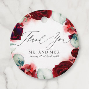 Étiquettes Cadeau Fleurs rouges bourguignonnes Merci Mariage