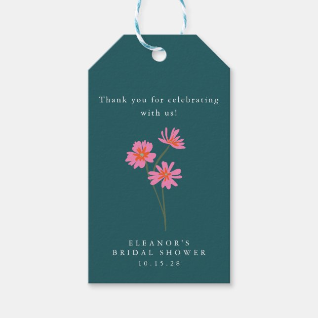 Étiquettes-cadeau Fleurs Turquoises roses vert Boho Fête des mariées (Devant)
