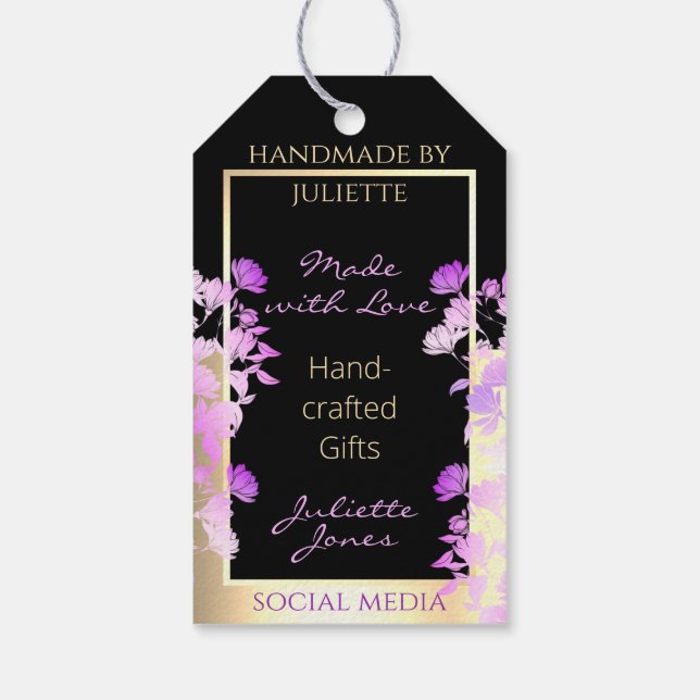 Étiquettes-cadeau Fleurs violettes noires et Merci d'or (Dos)