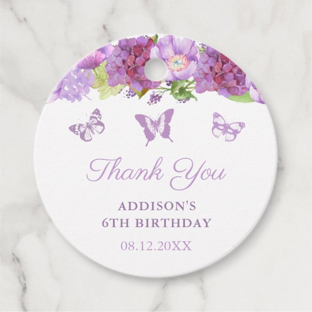 Étiquettes Cadeau Fleurs violettes Papillon fête d'anniversaire Favo (Devant)