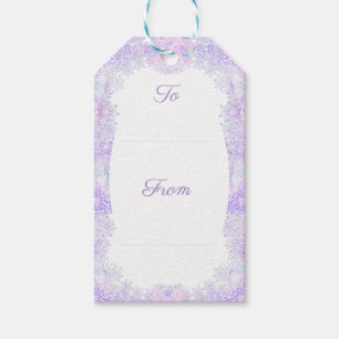Étiquettes-cadeau flocon de neige violet clair et coeur étincelant