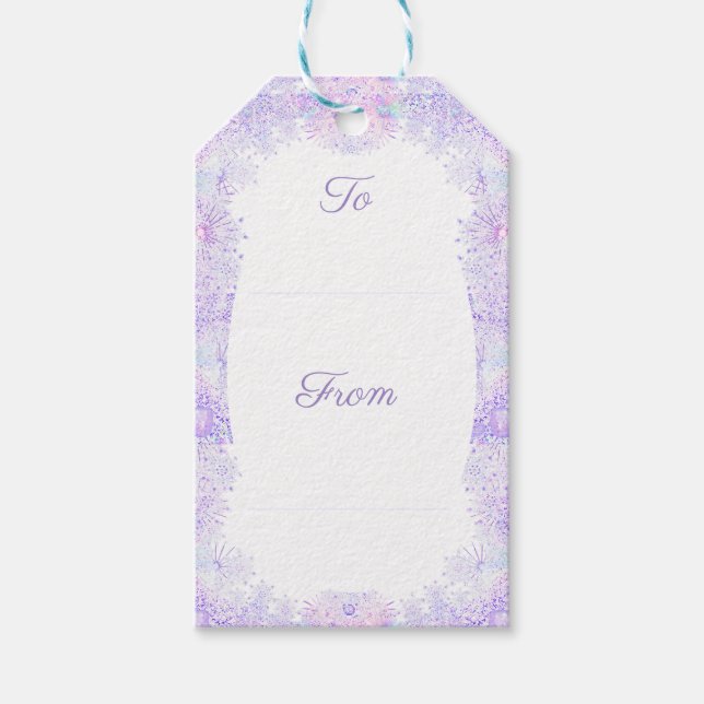 Étiquettes-cadeau flocon de neige violet clair et coeur étincelant (Devant)