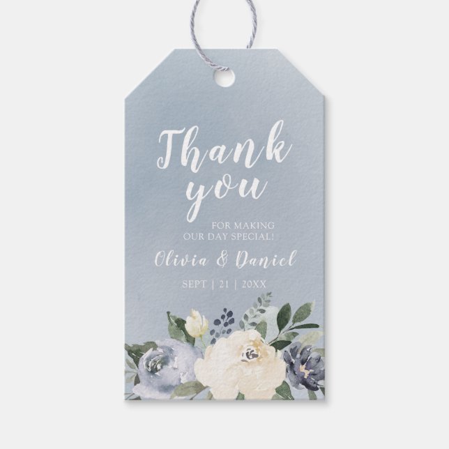 Étiquettes-cadeau Floraison botanique bleu poussiéreux Merci (Devant)