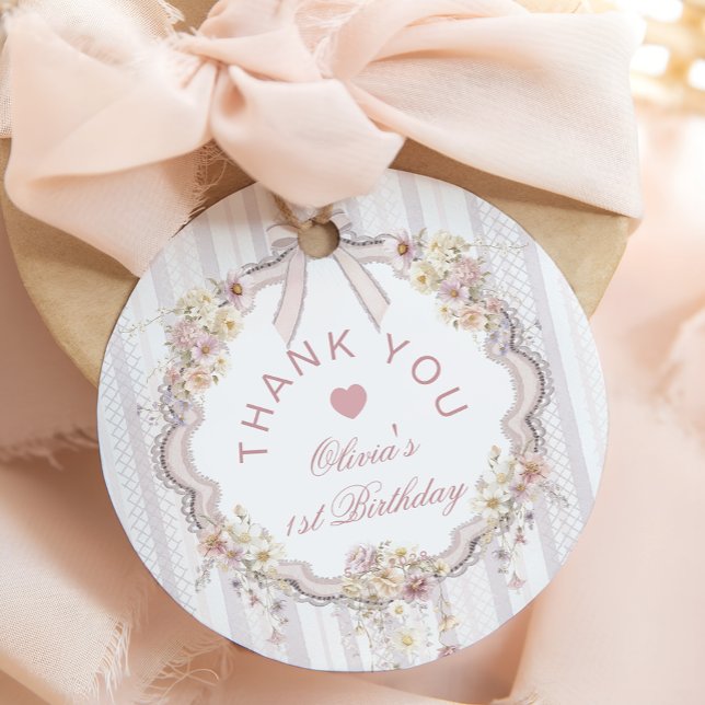Étiquettes Cadeau Floral Bow 1st Girl Birthday Thank you (Créateur téléchargé)
