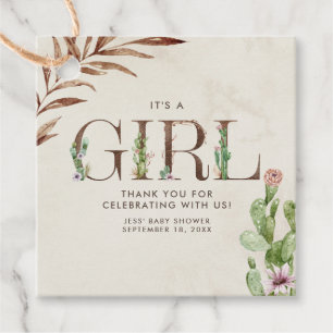 Étiquettes Cadeau Floral Cactus Baby shower fille en cuir