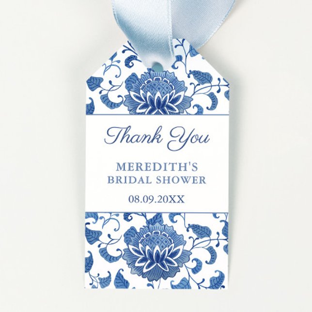 Étiquettes-cadeau Floral chinois bleu & blanc Wedding shower Favoris (Chinoiserie Chic bridal shower favor tag design with a hand painted blue and white watercolor print)
