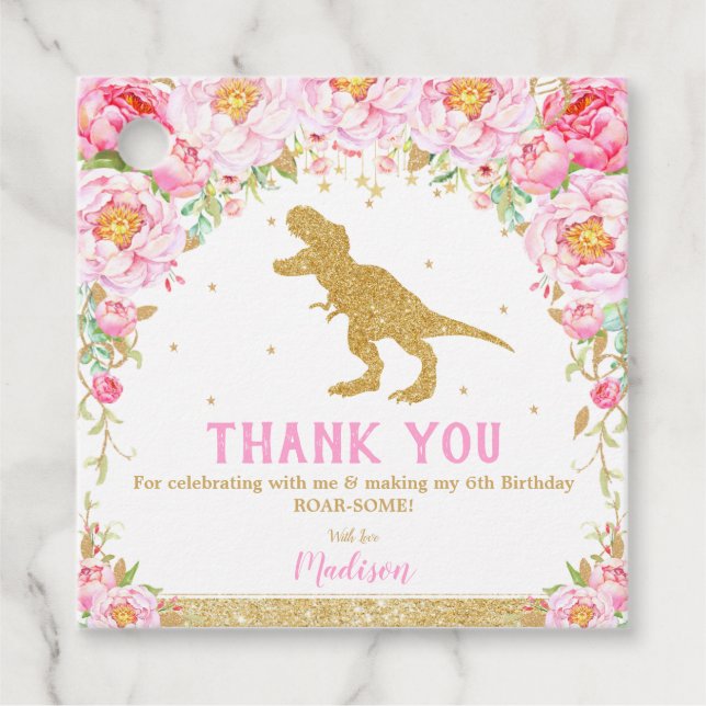 Étiquettes Cadeau Floral Dinosaur Anniversaire Merci fille T-Rex (Devant)